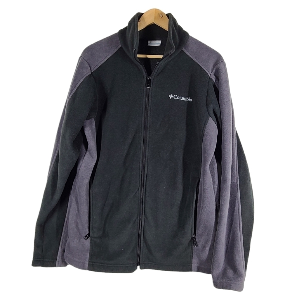 Columbia Full Zip Fleece Jacket Medium Gray & Dark Gray Long Sleeve Pockets Logo